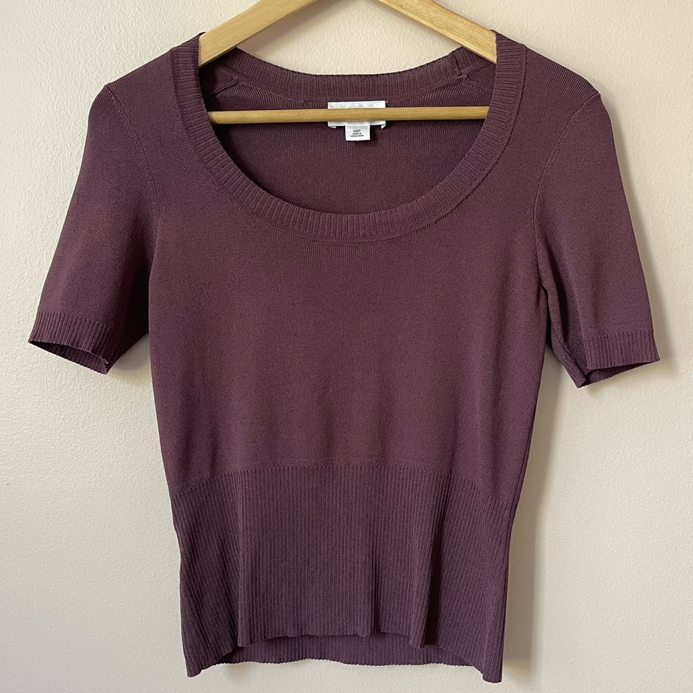 LOFT Knit Short Sleeve Scoop Neck Top (Plum) - XSP